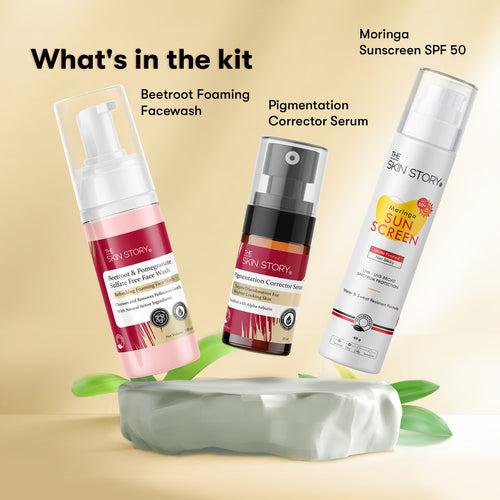 The Skin Story Goodbye  Pigmentation Trio (CTP) (The Skin Story Beetroot & Pomegranate Sulfate Free Foaming Facewash, 100ml The Skin Story Pigmentation Corrector Serum, 25ml The Skin Story Moringa Sunscreen SPF 50, 40g)