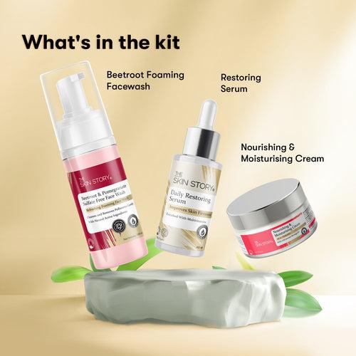 The Skin Story Youth Restoring Set (WRM) (The Skin Story Beetroot Foaming Facewash, 100ml The Skin Story Restoring Serum, 40ml The Skin Story Nourishing & Moisturising Cream, 50g)