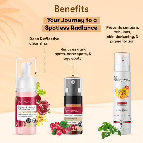 The Skin Story Goodbye  Pigmentation Trio (CTP) (The Skin Story Beetroot & Pomegranate Sulfate Free Foaming Facewash, 100ml The Skin Story Pigmentation Corrector Serum, 25ml The Skin Story Moringa Sunscreen SPF 50, 40g)