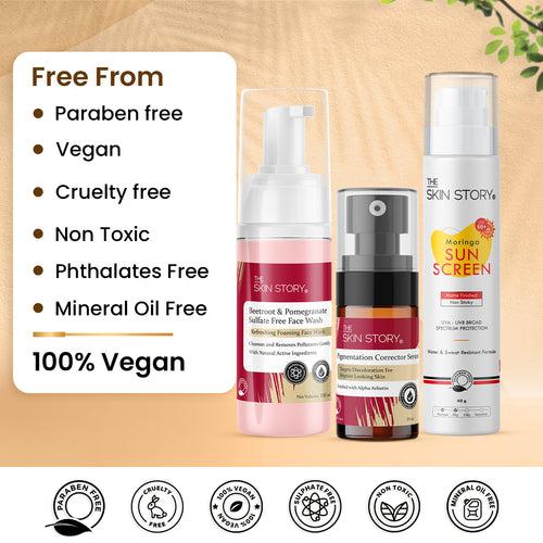 The Skin Story Goodbye  Pigmentation Trio (CTP) (The Skin Story Beetroot & Pomegranate Sulfate Free Foaming Facewash, 100ml The Skin Story Pigmentation Corrector Serum, 25ml The Skin Story Moringa Sunscreen SPF 50, 40g)