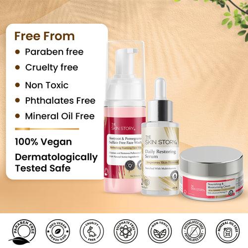 The Skin Story Youth Restoring Set (WRM) (The Skin Story Beetroot Foaming Facewash, 100ml The Skin Story Restoring Serum, 40ml The Skin Story Nourishing & Moisturising Cream, 50g)