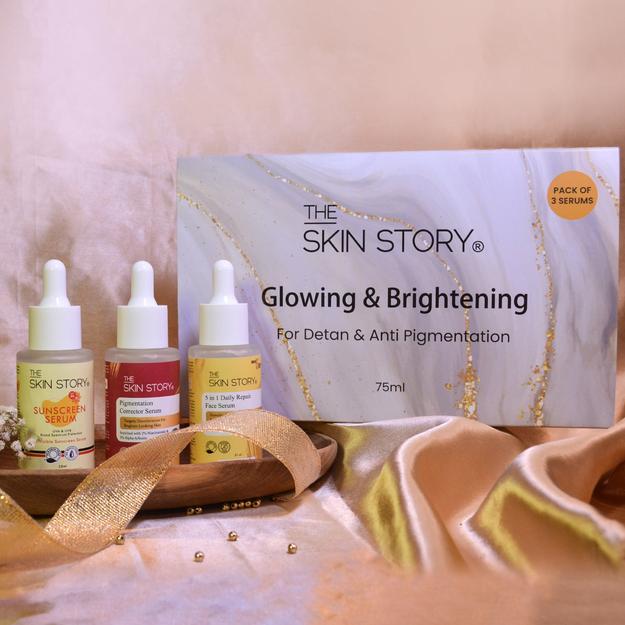 The Skin Story Glowing & Brightening For Detan & Anti Pigmntation Kit 75ml | 5 in 1 Daily Repair Serum - Vitamin C | Pigmentation Corrector Serum | Sunscreen Serum SPF40