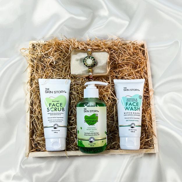 The Skin Story Glow Skincare Set | The Skin Story Moringa & Shea Butter Facewash, 100ml | The Skin Story Moringa Face Scrub, 100g | The Skin Story Moringa Shower Gel, 190ml