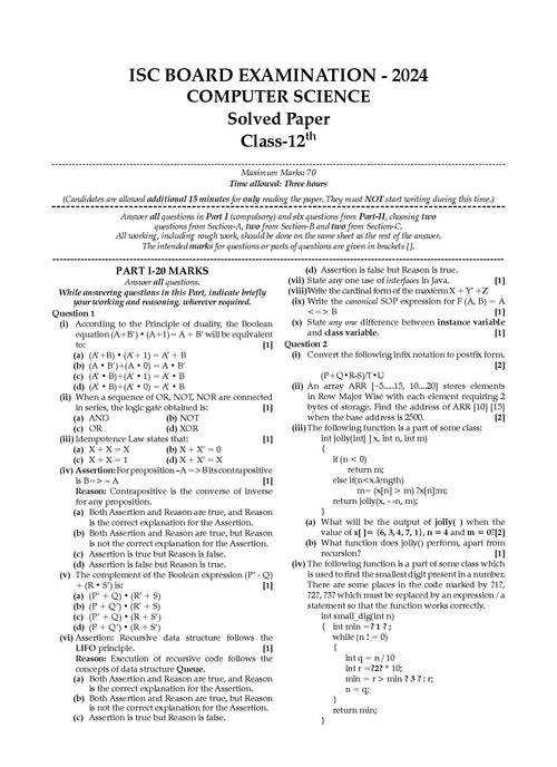 ISC 5 Previous Year Solved Papers Class-12 | Year Wise 2018-2024 | PCM (Physics, Chemistry, Mathematics, English 1, English 2, Hindi, Computer science) For 2025 Board Exam