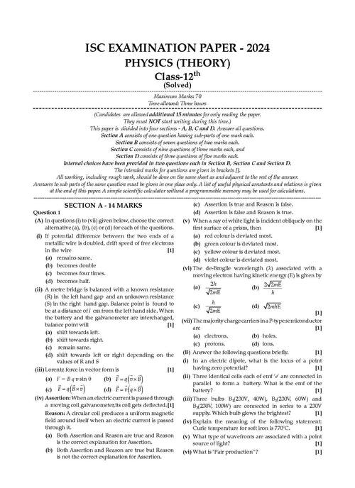 ISC 5 Previous Year Solved Papers Class 12 | Year-wise 2018-2024 | PCB ( Physics, Chemistry, Biology, English 1, English 2, Hindi, Computer science) for 2025 Board Exam.