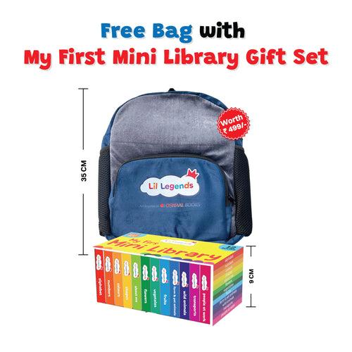 Lil Legends Mini Library - Box Set | Volume 1 With Free School Bag | 12 Books (Alphabet, Numbers, Colours, Shapes, About Me, Flowers, Vegetables, Fruits, Farm & pet animals and more)