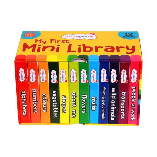 Lil Legends Mini Library - Box Set | Volume 1 With Free School Bag | 12 Books (Alphabet, Numbers, Colours, Shapes, About Me, Flowers, Vegetables, Fruits, Farm & pet animals and more)