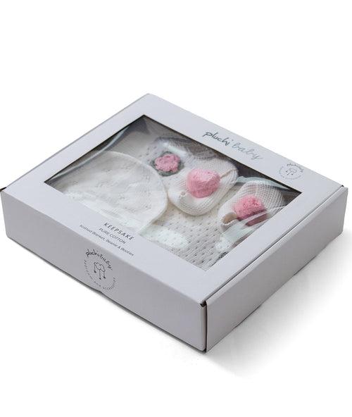 Keepsake Baby Gift Set- Crochet Knit Blanket with Hand Crochet Flowers with Booties & Cap in Box Packing