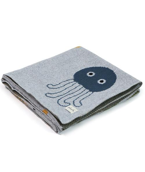 Wonders of the Sea- Soft Grey Melange & Multi Color Cotton Knitted Ac Blanket For Baby / Infant / New Born For Use In All Seasons with Applique Work