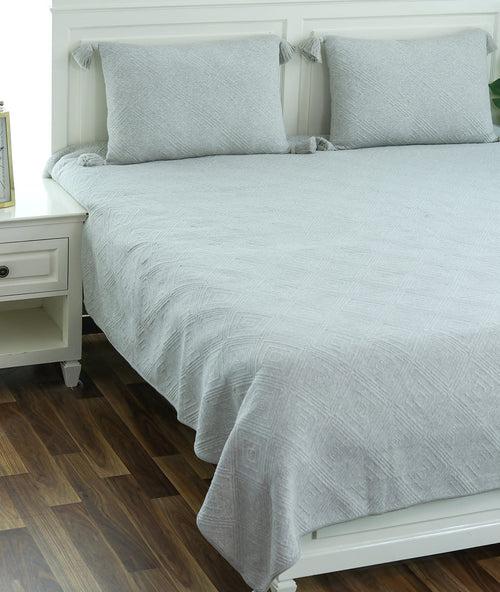 Aysel Vanilla Grey Melange 100% Cotton Knitted With Polyester Filled King Size Bed Cover With 2 Pillow Covers(Set of 3 Pcs)