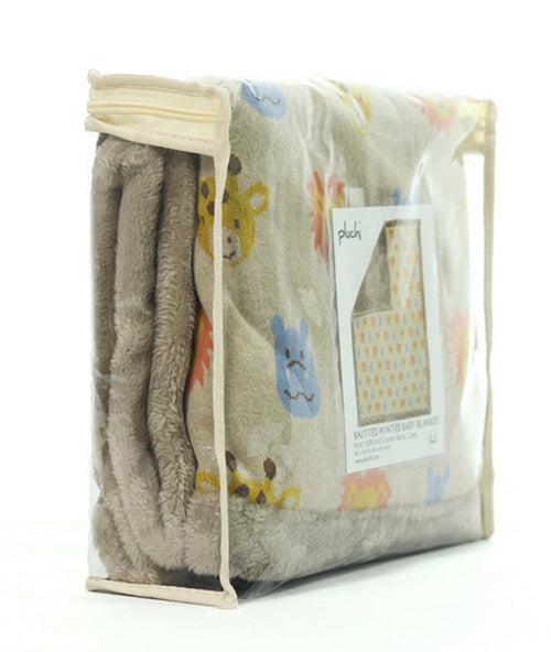 Safari Friends Natural & Multi Color Knitted Blanket with Faux Fur Back for Babies