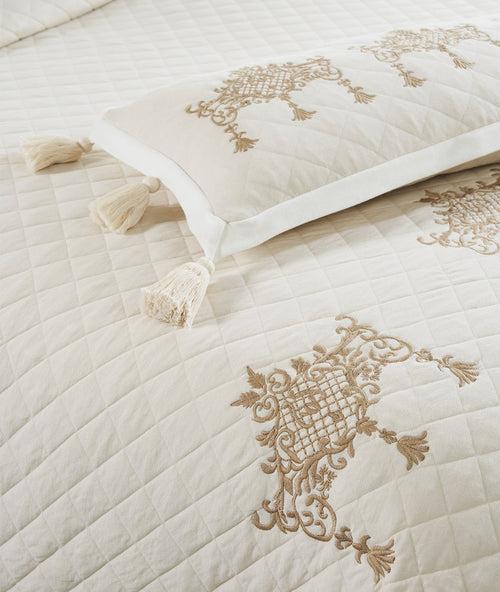 Tiara Embroidered Bedcover 100% Cotton Knitted With Polyester Filled King Size Bed Cover With 2 Pillow Covers, 2 Cushion Covers and 1 oblong cushion with filler in Box Packaging (Set Of 7)