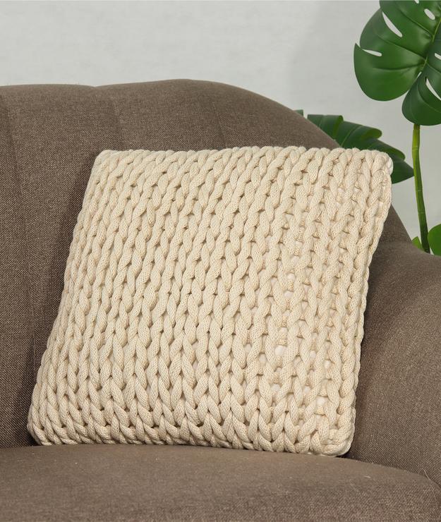 Rapunzel Natural Color Hand Braided Cotton Knitted Decorative 16 X 16 Inches Cushion Cover