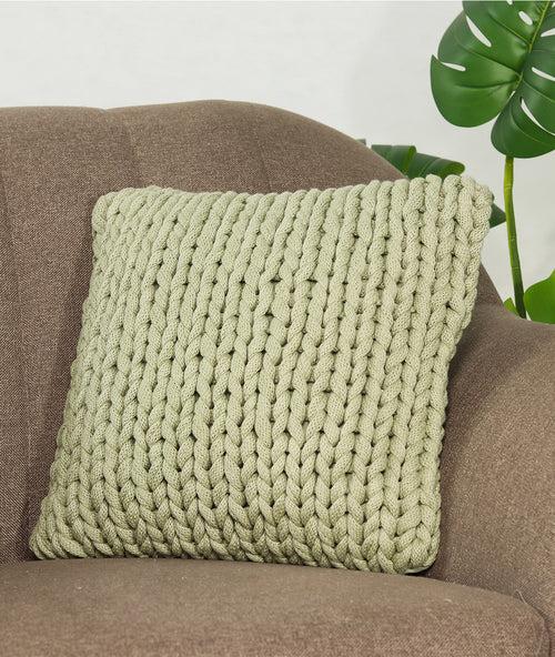 Rapunzel Pistachio Green Color Hand Braided Cotton Knitted Decorative 16 X 16 Inches Cushion Cover