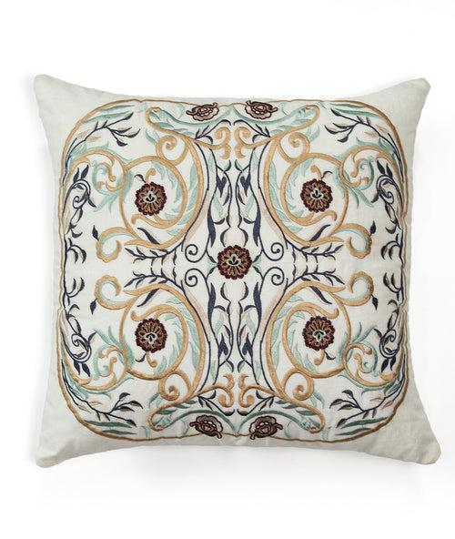 Ozaan Ivory Embroidered Linen Decorative 18 X 18 Inches Cushion Cover