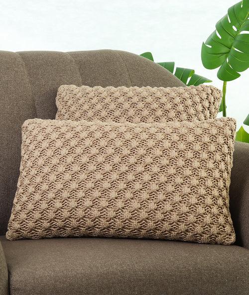 Popcorn Knit Light Beige Melange Cotton Knitted Decorative 12 X 20 Inches Cushion Cover