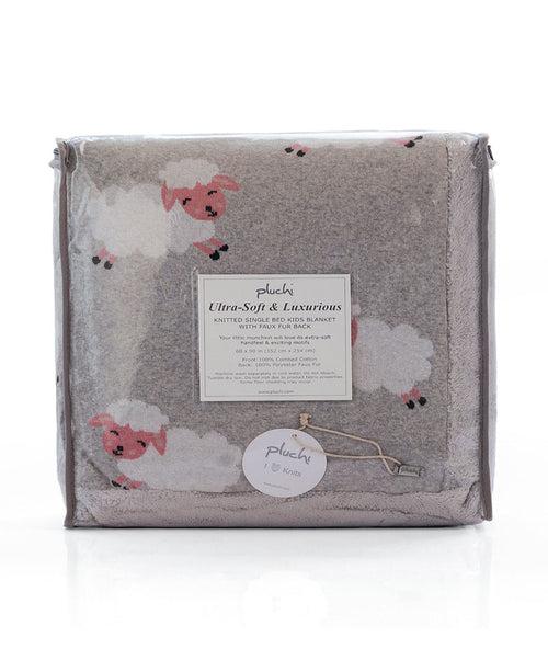 Baby Sheep Vanilla Grey Melange Cotton Knitted Blanket With Faux Fur Back For Kids