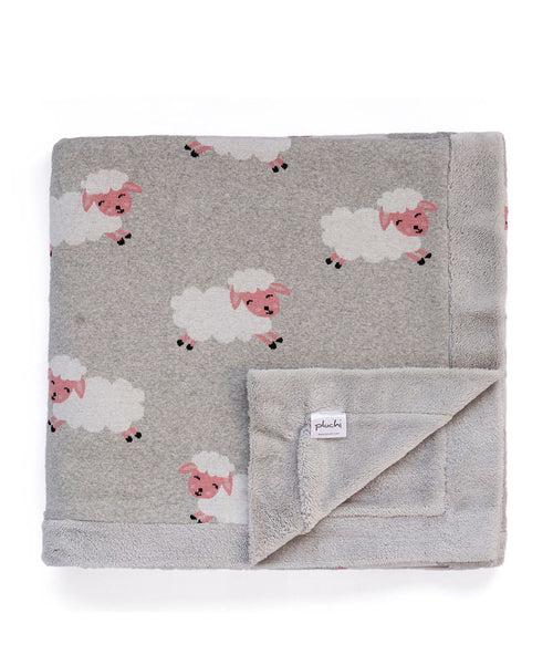 Baby Sheep Vanilla Grey Melange Cotton Knitted Blanket With Faux Fur Back For Kids