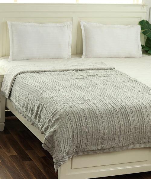 Arch Cable  Cotton Knitted Single Bed Sherpa Blanket (Vanilla Grey Mélange)