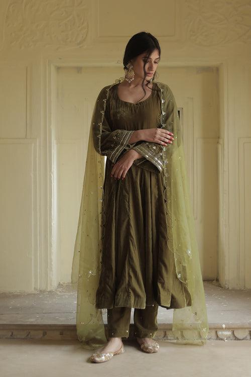 Makhmali Green Anarkali Set