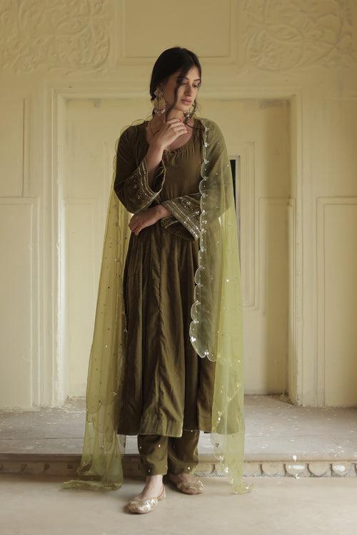 Makhmali Green Anarkali Set