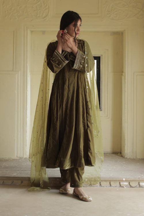 Makhmali Green Anarkali Set