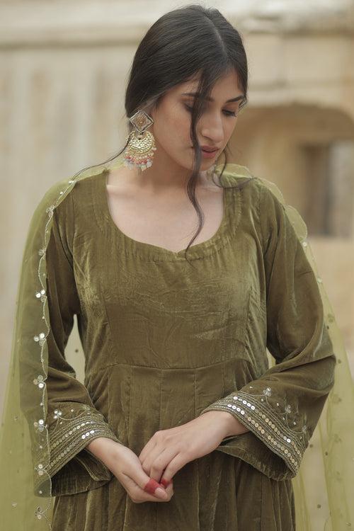 Makhmali Green Anarkali Set