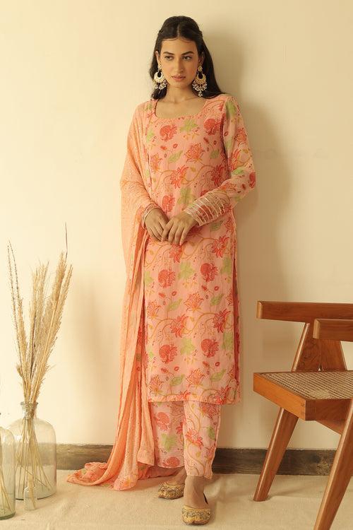 Zaheen Peach Floral Straight Set