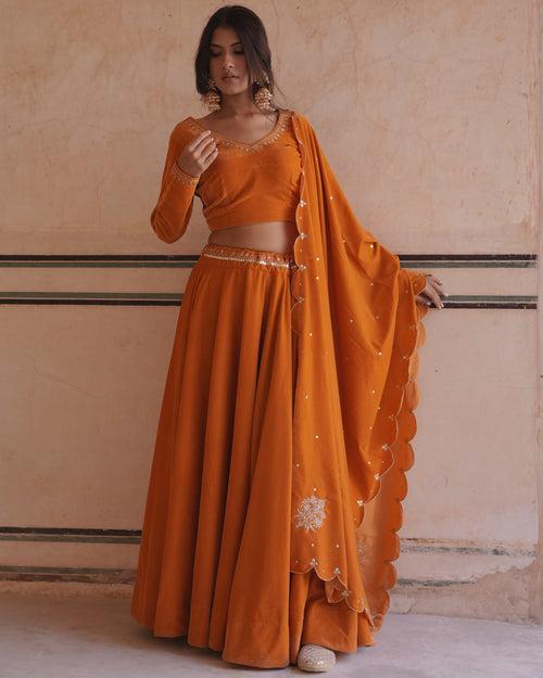 MAKHMAL- Mustard Velvet lehenga with shawl