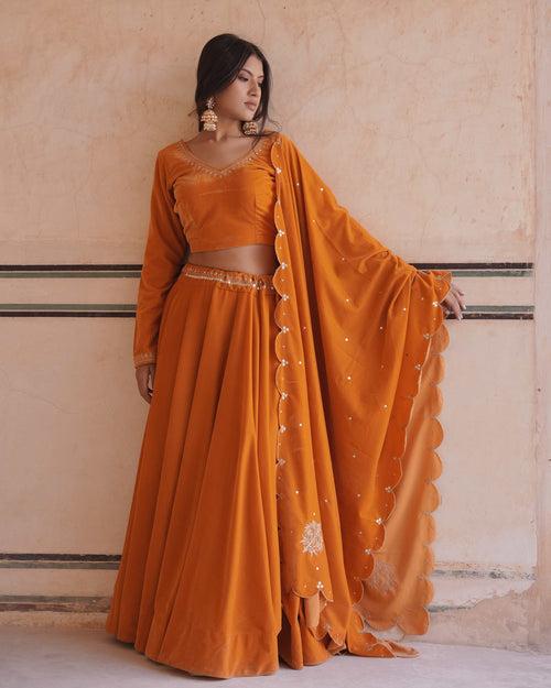 MAKHMAL- Mustard Velvet lehenga with shawl