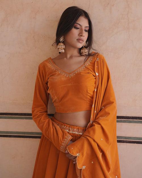 MAKHMAL- Mustard Velvet lehenga with shawl