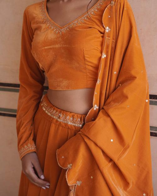 MAKHMAL- Mustard Velvet lehenga with shawl