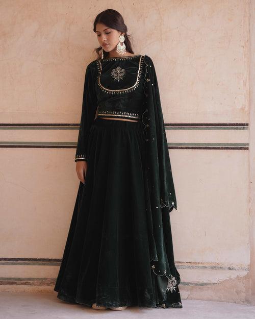 MAKHMAL- Green Velvet lehenga with shawl