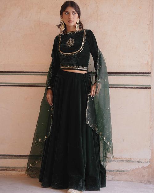 MAKHMAL- Green Velvet lehenga with shawl