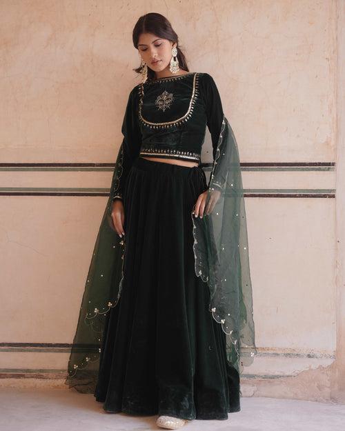 MAKHMAL- Green Velvet lehenga with shawl