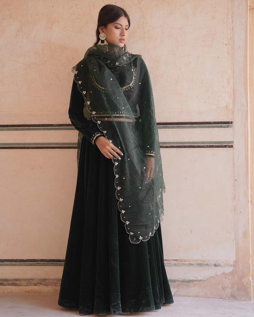 MAKHMAL- Green Velvet lehenga with shawl