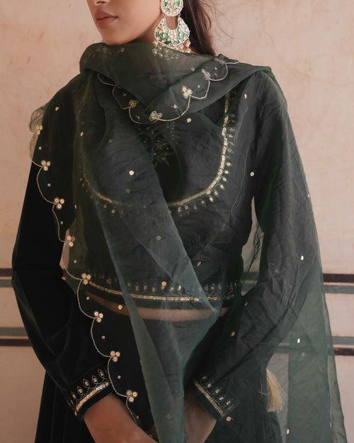 MAKHMAL- Green Velvet lehenga with shawl