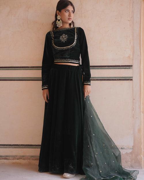 MAKHMAL- Green Velvet lehenga with shawl