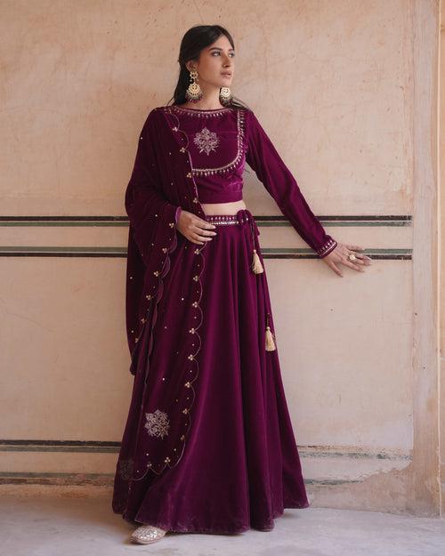 MAKHMAL- Purple Velvet lehenga with shawl