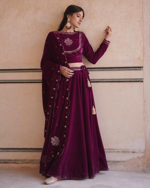 MAKHMAL- Purple Velvet lehenga with shawl