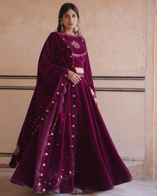 MAKHMAL- Purple Velvet lehenga with shawl