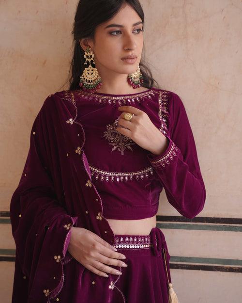 MAKHMAL- Purple Velvet lehenga with shawl