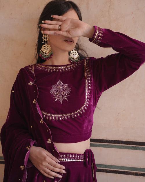 MAKHMAL- Purple Velvet lehenga with shawl