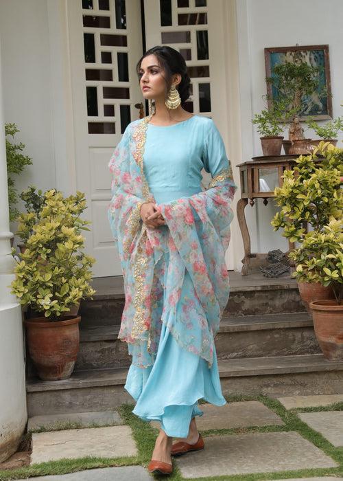 Nasreen Blue Anarkali Suit - Set of 3