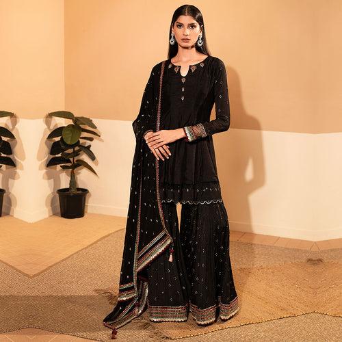 Booming Black Garara Set With Multi Coloured Work