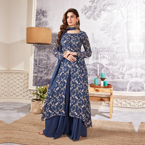 Dark blue floral A-line kurti palazzo set