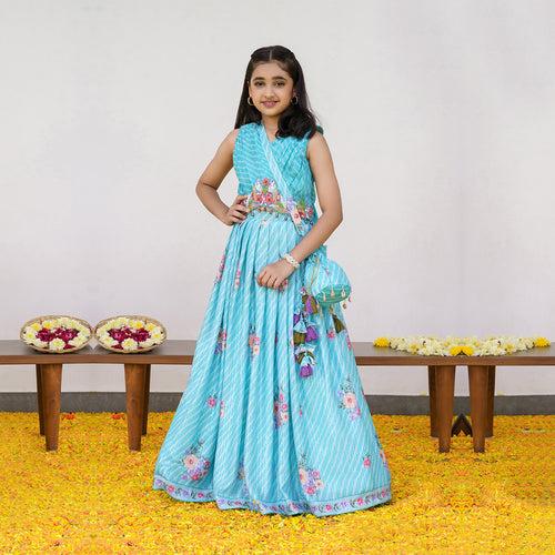 Fresh Firozi Leherya Printed Lehenga Choli for Kids