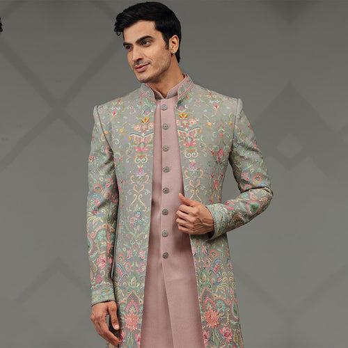 Charm Pink Indowestern with Floral Embroidered Jacket for Men