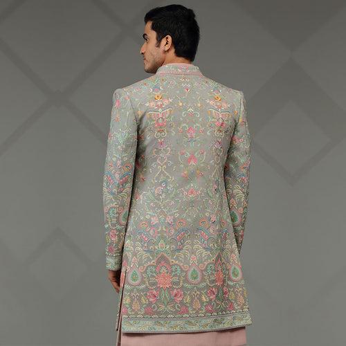 Charm Pink Indowestern with Floral Embroidered Jacket for Men