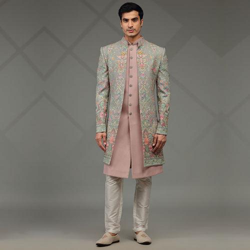 Charm Pink Indowestern with Floral Embroidered Jacket for Men